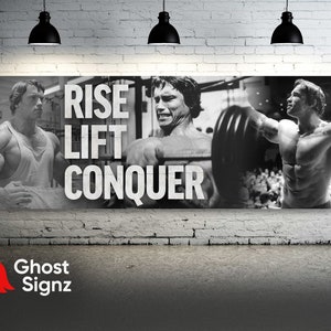 Arnold Schwarzenegger Home Gym Wall Banner Decor - Sign Poster Collage - Rise Lift Conquer  Bodybuilding - Motivational Fitness Inspiration