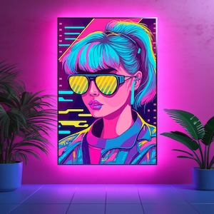 Retro-futuristic Synthwave Poster: Neon Siren - Girl in Sunglasses - Vibrant Colors - Banner Sign Print - 80s Room Decor - Cyberpunk