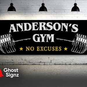Home Gym Banner - Custom Name Personalized - Sign Poster - Fitness Wall Art Decor Vinyl Lettering Quote - Motivational Inspirational Garage