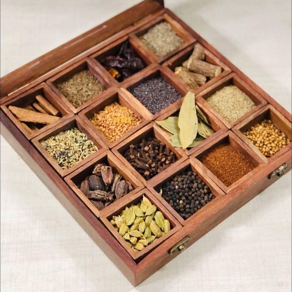 Boîte à épices artisanale en bois / Masala Dabba avec 16 compartiments carrés et cuillère, coffret à épices en bois de Sesham - Cadeau pour la fête des Mères