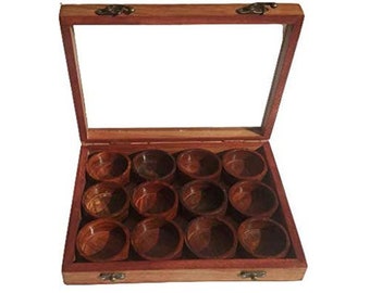 Wooden Handcrafted Spice Box/ Masala Dabba with 12 Round Compartments & Spoon, Sheesham Wood Spice Box Set - Mother’s Day Gift