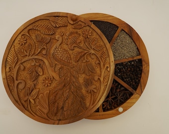 Exclusive Handmade Teak Wood Peacock Hand Craved Embossed Spice Box/ Masala Dabba - Luxury Mother’s Day Gift
