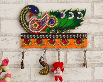 MDF Wood Multicolour Traditional Design Wall Mounted Designer Key Holders for Wall Decor ,Stylish Hook Stand Key Organizer -  Gift