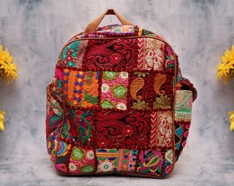 Indian handcrafted bag, hand embroidered Backpacks Colourful Cotton Rucksacks Hippie Boho Style Geo & Flower Designs College Travel Bags