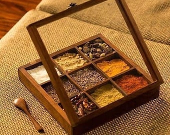 Wooden Handmade Spice Box/ Masala Dabba with Spoon