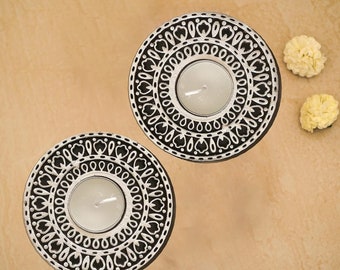Hand-Carved Round Tea Light Candle Holder, Decorative Tea Light Candle Holder for Home Decoration by Indicrafts Global – Set of 2