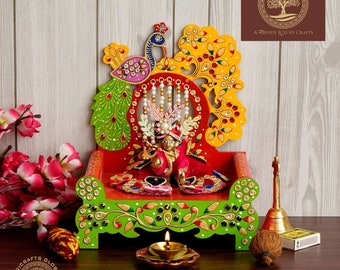 Beautiful Wooden Handicrafted Peacock Singhasan for Laddu Gopal Krishna for Home Mandir Temple by Indicrafts Global