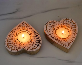 Hand-Carved Heart Tea Light Candle Holder, Decorative Tea Light Candle Holder for Home Decoration by Indicrafts Global – Set of 2