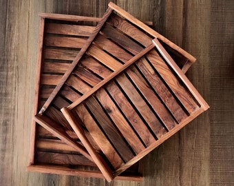 Wooden Tray Set - Rectangular Handmade for Serving Food and Drink (Brown) - Set of 3 -Mother’s Day Gift