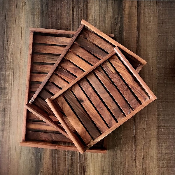 Wooden Tray Set - Rectangular Handmade for Serving Food and Drink (Brown) - Set of 3 -Mother’s Day Gift