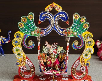 Beautiful Wooden Handicrafted Peacock Swing Jhula for Laddu Gopal Krishna for Home Mandir Temple by Indicrafts Global