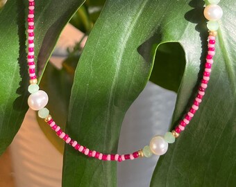 Pink and Mint Delicate Beaded Necklace • Stacking Necklace with Glass and Freshwater Pearls • Bright Beaded Necklace