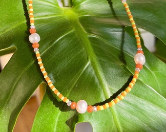 Orange and Yellow Delicate Beaded Necklace • Stacking Necklace with Glass and Freshwater Pearls • Bright Beaded Necklace