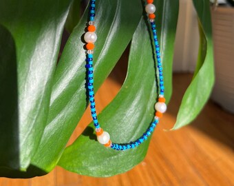 Blue and Orange Delicate Beaded Necklace • Stacking Necklace with Gemstones and Freshwater Pearls