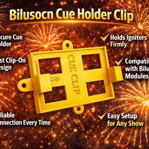 May include: A yellow Bilusocn Cue Holder Clip with a rectangular frame, four square cutouts, and mounting tabs. The text 'Bilusocn Cue Holder Clip' and 'CUE CLIP' are printed on the device, which features a sliding mechanism and arrow.