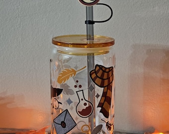 Magical  Glass beer can with colored lid, colored straw & straw topper. Uv dtf. Iced coffee cup. 16 oz Glass cups.
