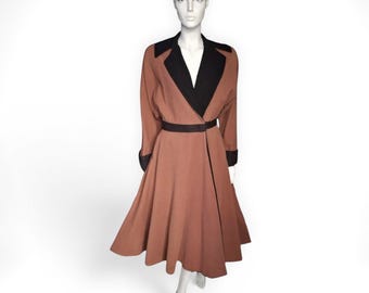 1940s 50s ABC Model New Look era Swing Coat, Vintage Cinnamon Wool Gabardine Black Trim, UK 12-14, VFG Member