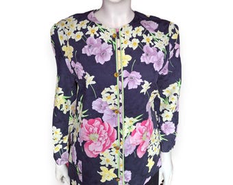 1980s Tissus J Leonard & Cie Paris Jacket, Navy Floral Print Cotton Jacquard UK 12/14 – VFG Member