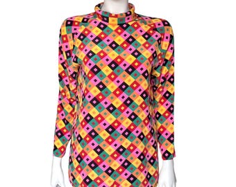 1980s Guy Laroche Silk Tunic Blouse, Psychedelic Harlequin Op Art Print