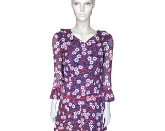 1960s French Navy Blue Mini Mod Dress by CC Creations Paris, Daisy Floral Drop Waist, Size UK6-8 - VFG Member