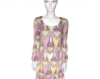 1960s 70s Colin Glascoe Vintage Mini Dress, Yellow Dusky Pink Psychedelic Art Nouveau Print UK12 - VFG Member