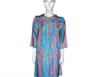 1960s 70s Vintage Psychedelic Coat Dress, Groovy Multicoloured Trippy Pattern, UK 10-12 - VFG Member