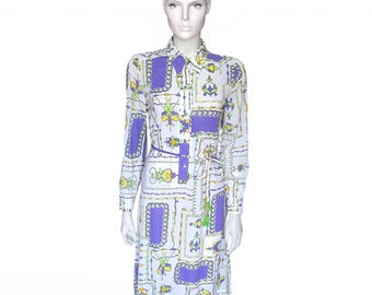 1970s Colin Glascoe Vintage Shirt Dress, White Purple Green Abstract Print Beaded Tassel Belt, UK 14 – VFG Member