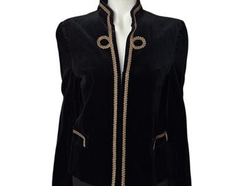 1970s 80s Vintage Black Velvet Jacket by Patrick-Hugues Couture, Gold Soutache Trim 249 Rue Saint Honores Paris, Size S - VFG Member