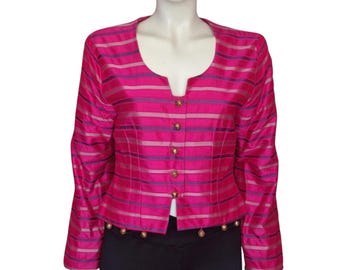 1980s 90s Lee Bender Hot Pink Silk Jacket, Purple Stripes Ornate Gold Buttons, Size M, UK8/10 - VFG Member