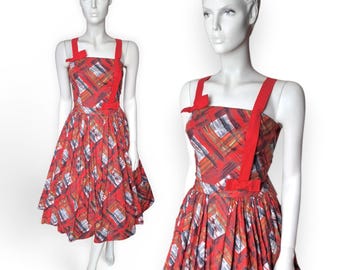 1950s Janet Colton Orange Red Cotton Swing Dress, Abstract Plaid Print Bows Rockabilly (UK8) - VFG Member