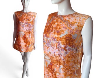 1960s Nelly de Grab Orange Mod Dress, Psychedelic Scenic Floral Print, UK10-12 - VFG Member