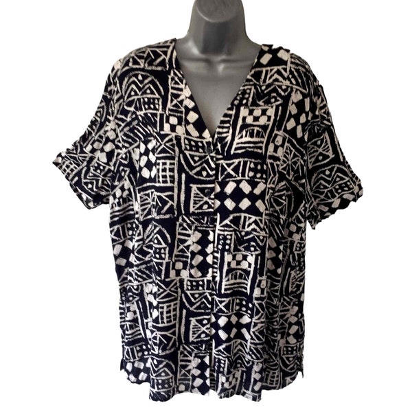 MACKAYS 80s Vintage Shirt Blouse, Navy Blue Cream Abstract Collarless V-Neck Oversized Short Sleeve Summer Casual, Plus Size UK 20 VFG