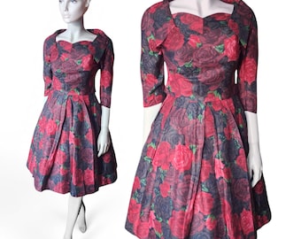 1950s Romantic Red Rose Silk Fit & Flare Dress by Masons Ipswich, Floral Print Portrait Collar, UK 8 - VFG Member