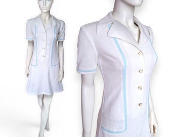 1970s GOUTILLE Paris White Mod Shirt Dress, Vintage French Jersey Knit, UK12 - VFG Member