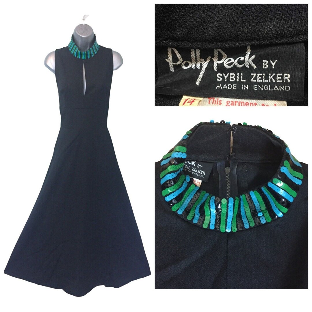 POLLY PECK by Sybil Zelker Long Dress, Black Vintage 60s Maxi Blue