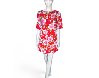 1960s Ui-Maikai Red Hawaiian Mini Dress, Pink Hibiscus Floral Print Aloha Tiki Style, Size S UK8-10 - VFG Member