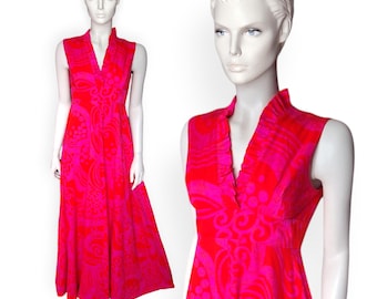 1960s Fumi's Originals Hawaiian Maxi Dress, Neon Pink Red Swirl Ruffle Plunge V-Neck Sweeping - Honolulu Tiki Aloha - Size S - VFG Member