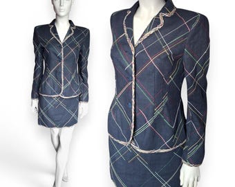 MOSCHINO Cheap & Chic Suit Size 10-12Navy Blue Check Skirt Jacket Workwear Smart