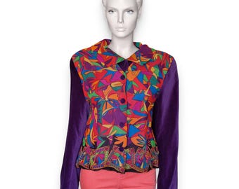 1980s 90s Clive Rundle Jacket - Purple Velvet Multicoloured Abstract Silk Crepe, Size M - VFG Member