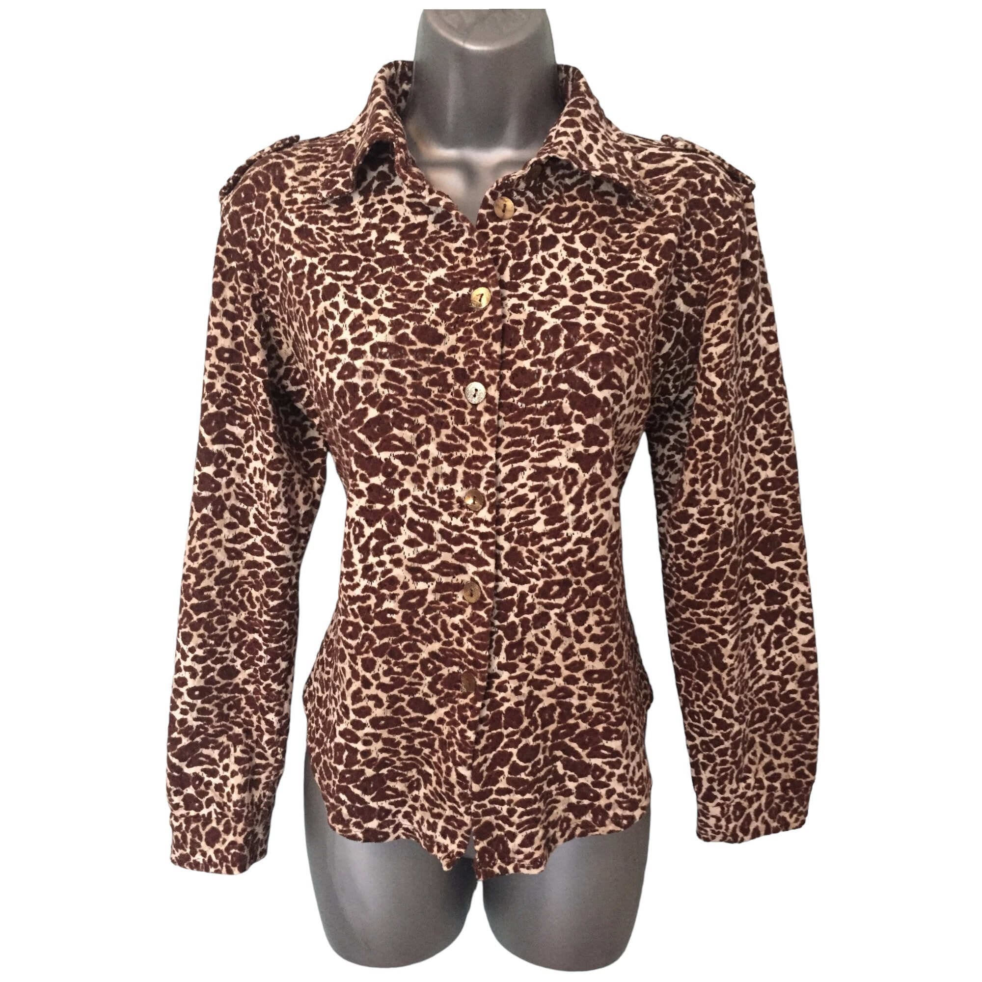 00s EMANUEL UNGARO Paris Blouse, Brown Cream Leopard Animal Print Stretchy Vintage Y2K, Size S IT42 UK8/10 VFG