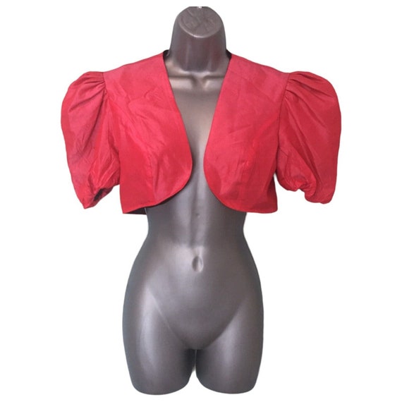 QUORUM Vintage 80s Bolero Jacket, Red Taffeta Ruc… - image 2