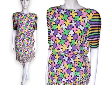 1980s Akris Switzerland Silk Dress - Floral Striped Multicoloured Graphic Print, Tiered Skirt (UK12-14) - VFG Member