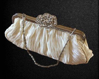 Retro 50s Cream Satin Evening Bag, Ruched MCM Style Ornate Diamante Clasp Silver Tone Small Chain Vintage 90s