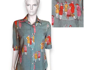 1960s Janet Colton Novelty Print Blouse, Green 1920s Flapper Figures Half Sleeve (UK 12-14) - VFG Member
