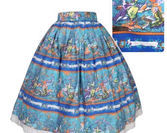 1950s Vintage Skirt Sze 10 Rococo Musical Novelty Print Cotton Broderie Anglaise
