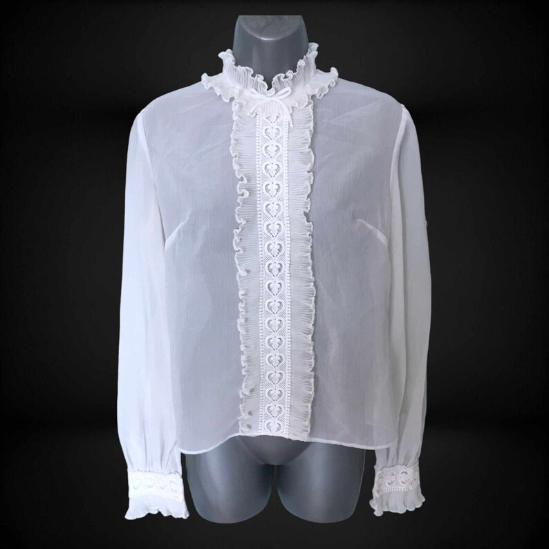 COLTON Vintage 50s Blouse, Sheer White Buttonback Crepe De Chine Ruffle Pie Crust Frilly