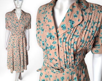 Late 1930s 1940s Dusky Peach Shirtwaist Day Dress, Vintage Blue Floral Print Pleated Belted, Label A P.E.T. Frock - VFG Member