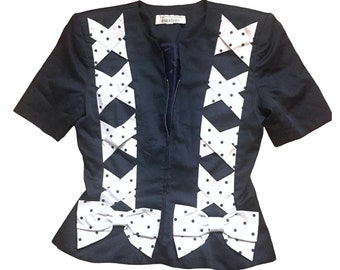 VICTOR COSTA Bergdorf Goodman Jacket, Navy Blue White Bows Polka Dots Lattice MOTB Vintage 90s, Size Uk 10/12 Vfg
