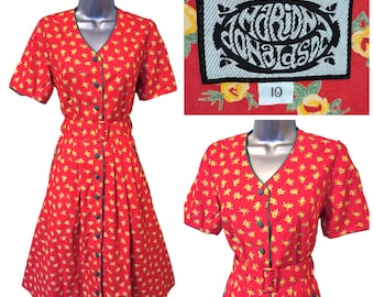 MARION DONALDSON Retro 40s Day Dress, Red Vintage 80s Yellow Floral Print V-Neck Short Sleeve Pockets Size UK 10 Vfg Goodward