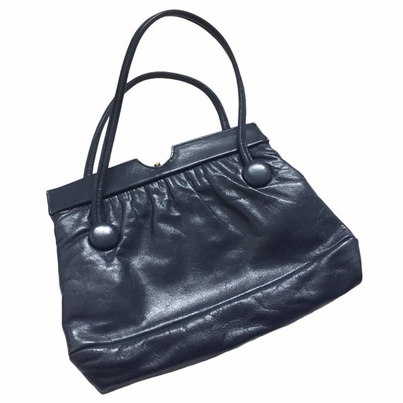 1950s Blue Handbag, Navy Ruched Leather Bag True Vint… - Gem